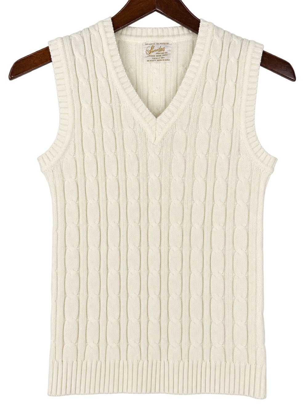 Vintage 70s Sheridan Cream Cable Knit Sweater Vest L Preppy